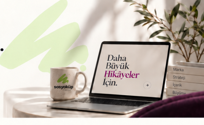 Sosyoküp için masa üstünde laptop, kupa ve bitki içeren yaratıcı çalışma alanı